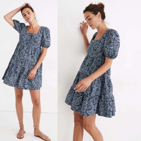 Madewell Poplin Puff-Sleeve Tiered Babydoll Dress in Paisley Garden Size 4 - Picture 1 of 7